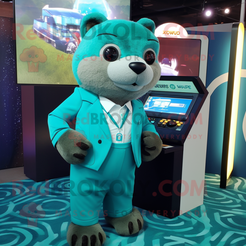 Teal Otter mascot costume character dressed with a Suit and Digital watches