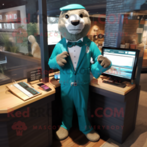 Teal Otter mascot costume character dressed with a Suit and Digital watches