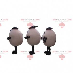 3 mascotas huevos sonrientes con sombreros, 3 huevos -