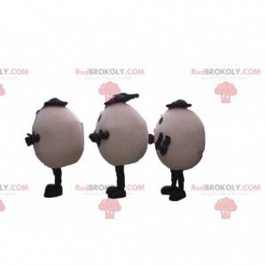 3 smiling egg mascots with hats, 3 eggs - Redbrokoly.com