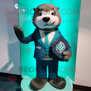 Teal Otter mascot costume character dressed with a Suit and Digital watches