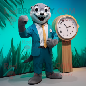 Teal Otter mascot costume character dressed with a Suit and Digital watches