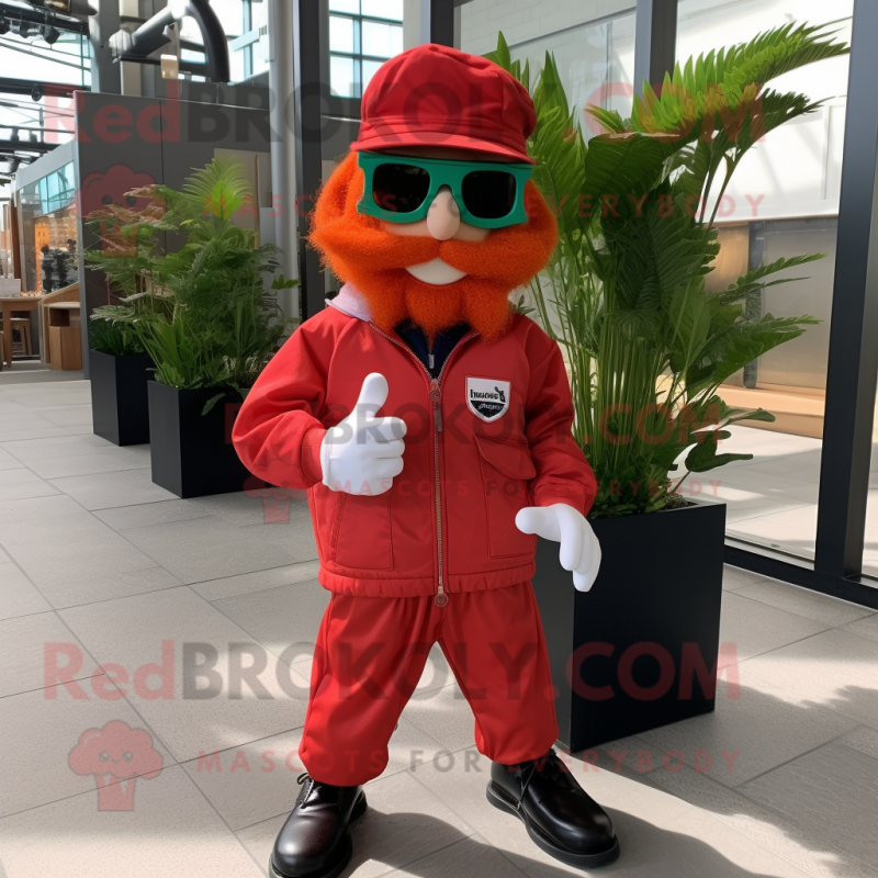 Red Leprechaun mascot costume character dressed with a Windbreaker and Sunglasses Red Leprechaun mascot costume character dressed with a Windbreaker and Sunglasses