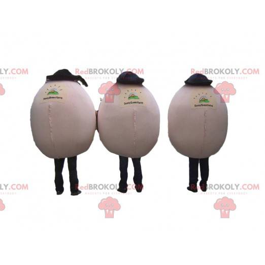 3 smiling egg mascots with hats, 3 eggs - Redbrokoly.com