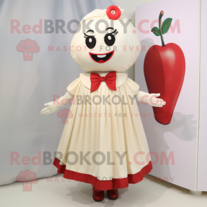 Cream Cherry mascot costume character dressed with a Pleated Skirt and Lapel pins
