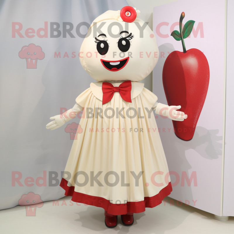 Cream Cherry mascot costume character dressed with a Pleated Skirt and Lapel pins