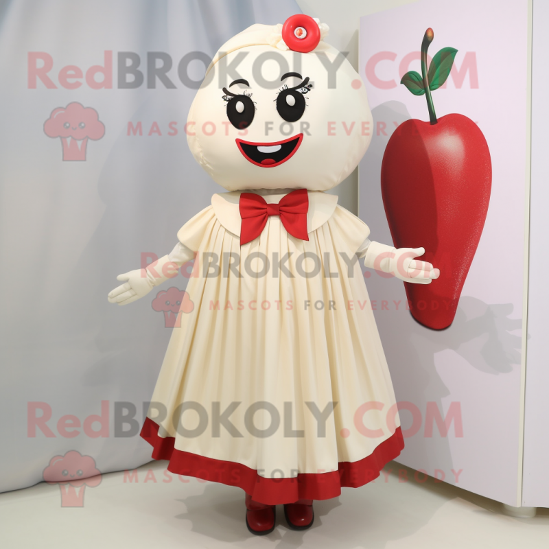 Cream Cherry mascot costume character dressed with a Pleated Skirt and Lapel pins Cream Cherry mascot costume character dressed with a Pleated Skirt and Lapel pins