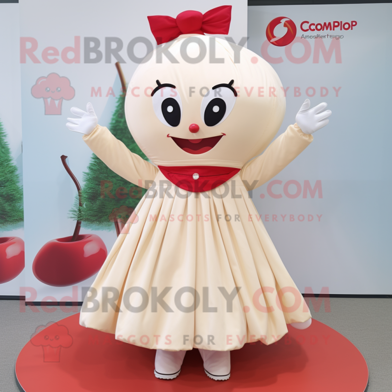 Cream Cherry mascot costume character dressed with a Pleated Skirt and Lapel pins