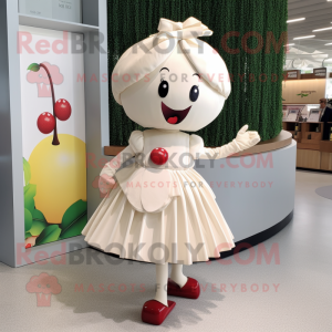 Cream Cherry mascot costume character dressed with a Pleated Skirt and Lapel pins