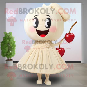 Cream Cherry mascot costume character dressed with a Pleated Skirt and Lapel pins