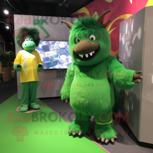 Green Woolly Rhinoceros mascot costume character dressed with a Jumpsuit and Keychains