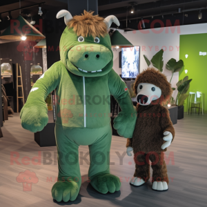 Green Woolly Rhinoceros mascot costume character dressed with a Jumpsuit and Keychains