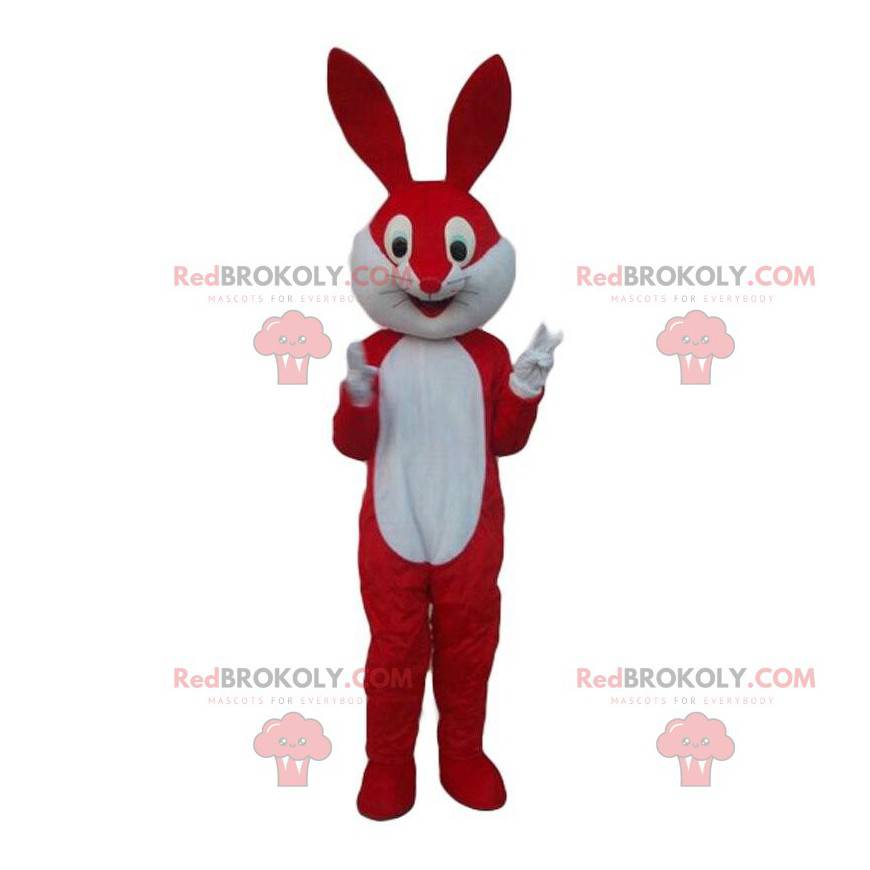 Rood en wit konijn mascotte, kostuum reusachtig konijn -