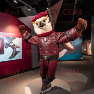Maroon Trapeze Artist mascot costume character dressed with a Leather Jacket and Cummerbunds