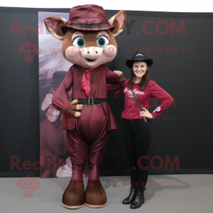 Maroon Trapeze Artist mascot costume character dressed with a Leather Jacket and Cummerbunds