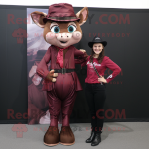Maroon Trapeze Artist mascot costume character dressed with a Leather Jacket and Cummerbunds