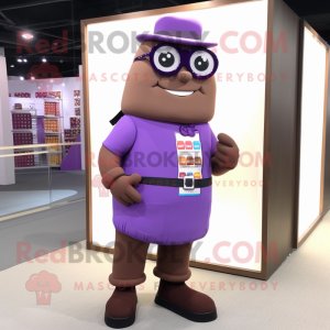 Purple Chocolate Bars mascot costume character dressed with a Vest and Eyeglasses