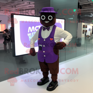 Purple Chocolate Bars mascot costume character dressed with a Vest and Eyeglasses