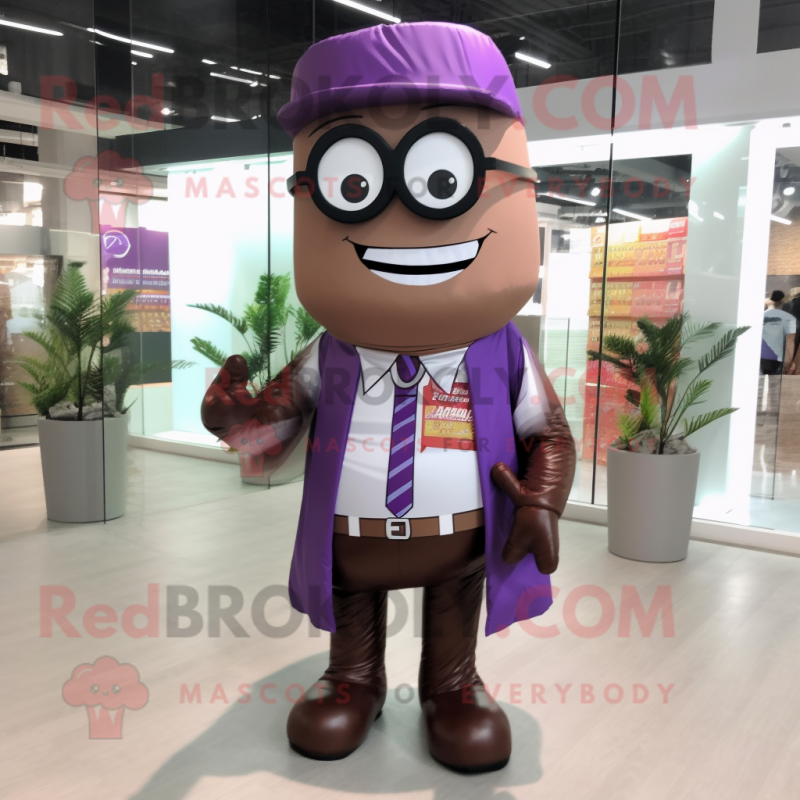 Purple Chocolate Bars mascot costume character dressed with a Vest and Eyeglasses Purple Chocolate Bars mascot costume character dressed with a Vest and Eyeglasses