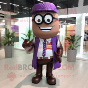 Purple Chocolate Bars mascot costume character dressed with a Vest and Eyeglasses