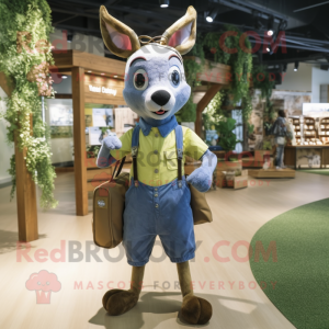 Olive Deer mascot costume character dressed with a Chambray Shirt and Messenger bags