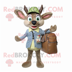 Olive Deer mascot costume character dressed with a Chambray Shirt and Messenger bags