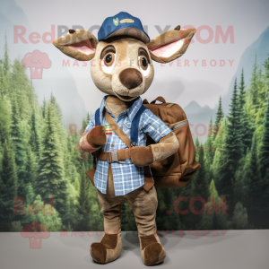 Olive Deer mascot costume character dressed with a Chambray Shirt and Messenger bags