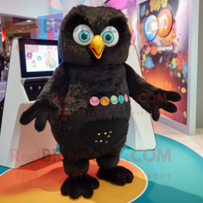 Black Owl mascot costume character dressed with a Playsuit and Foot pads