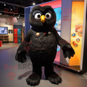 Black Owl mascot costume character dressed with a Playsuit and Foot pads