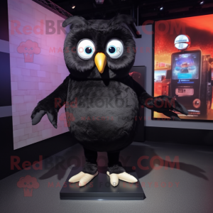 Black Owl mascot costume character dressed with a Playsuit and Foot pads