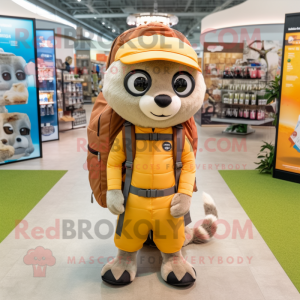 Peach Meerkat mascot costume character dressed with a Jacket and Backpacks