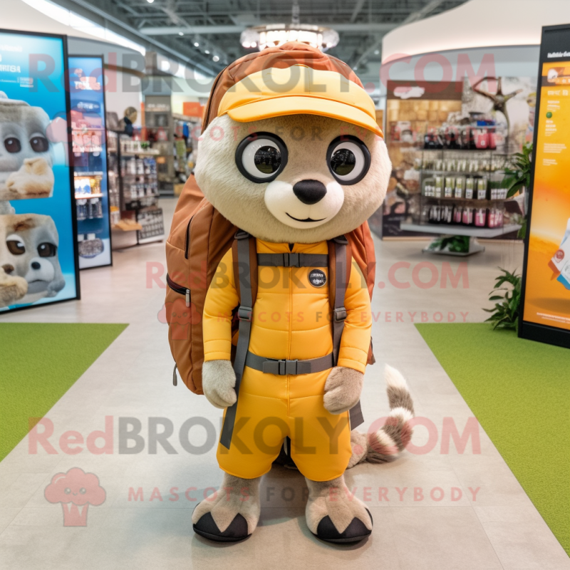 Peach Meerkat mascot costume character dressed with a Jacket and Backpacks Peach Meerkat mascot costume character dressed with a Jacket and Backpacks