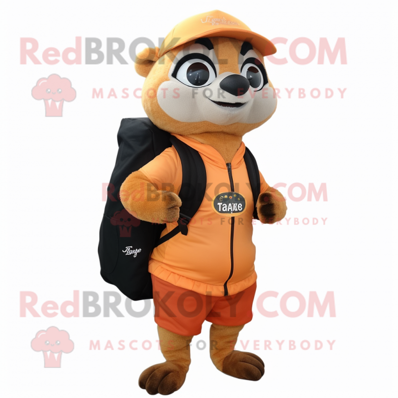 Peach Meerkat mascot costume character dressed with a Jacket and Backpacks Peach Meerkat mascot costume character dressed with a Jacket and Backpacks