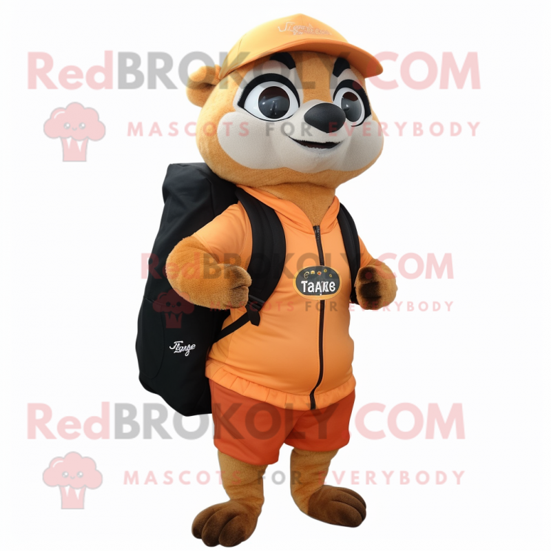 Peach Meerkat mascot costume character dressed with a Jacket and Backpacks