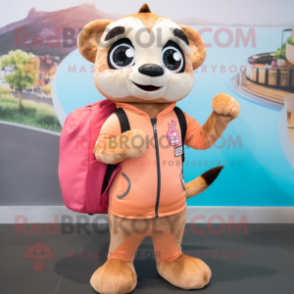 Peach Meerkat mascot costume character dressed with a Jacket and Backpacks