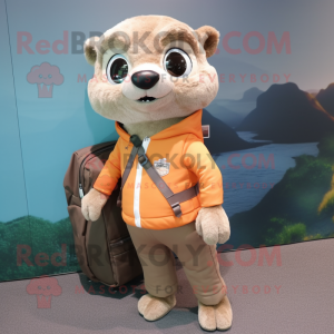 Peach Meerkat mascot costume character dressed with a Jacket and Backpacks
