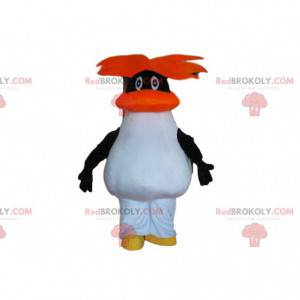 Mascote pinguim preto e branco com cabelo laranja -