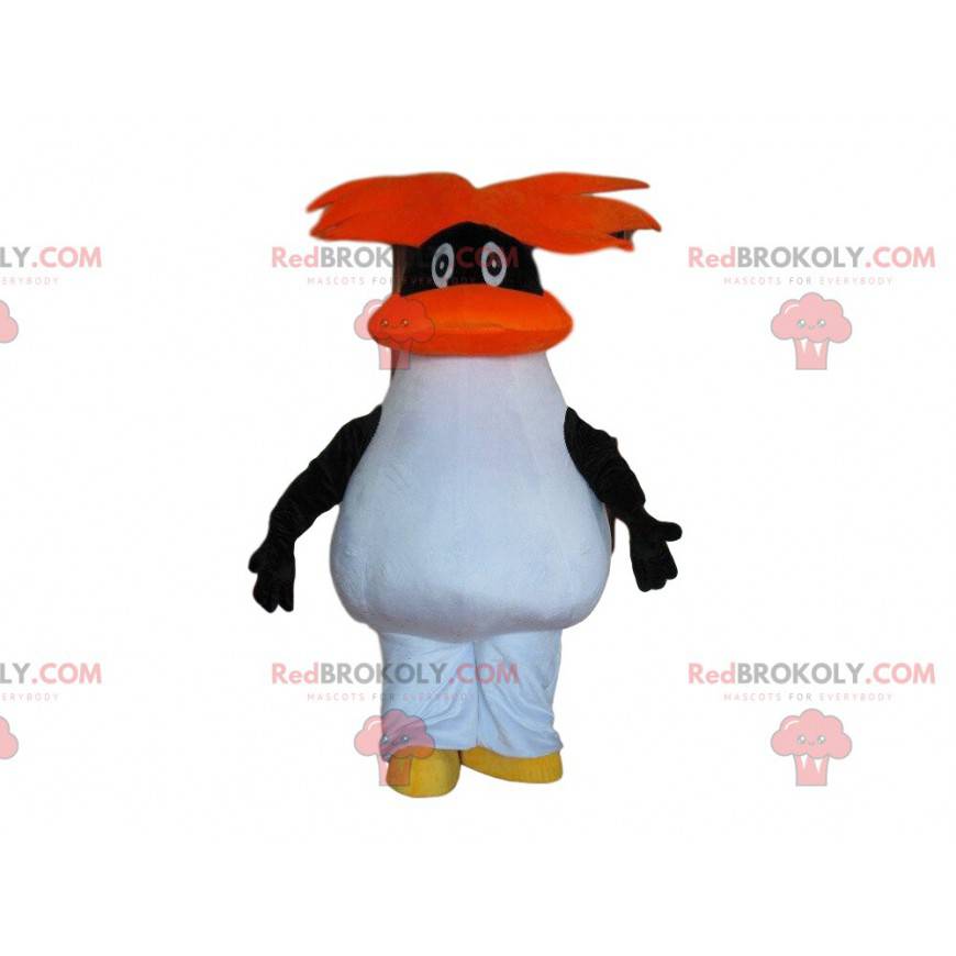 Mascote pinguim preto e branco com cabelo laranja -