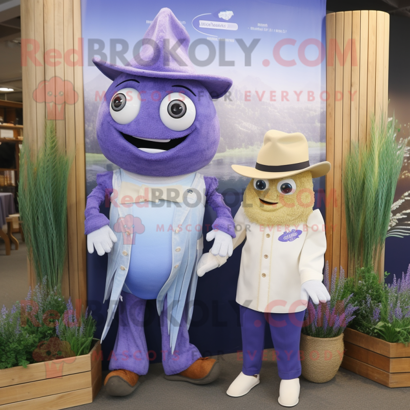 Lavender Fish And Chips mascot costume character dressed with a Flare Jeans and Hats Lavender Fish And Chips mascot costume character dressed with a Flare Jeans and Hats
