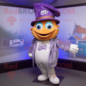 Lavender Fish And Chips mascot costume character dressed with a Flare Jeans and Hats