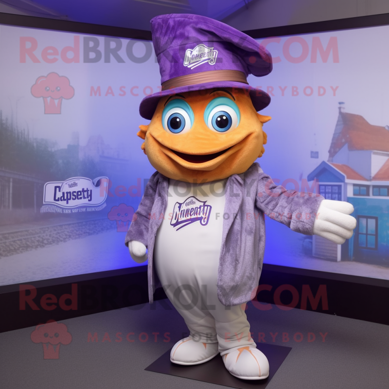 Lavender Fish And Chips mascot costume character dressed with a Flare Jeans and Hats Lavender Fish And Chips mascot costume character dressed with a Flare Jeans and Hats