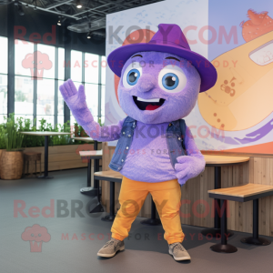 Lavender Fish And Chips mascot costume character dressed with a Flare Jeans and Hats