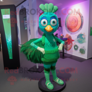 Green Peacock mascot costume character dressed with a Leggings and Hairpins