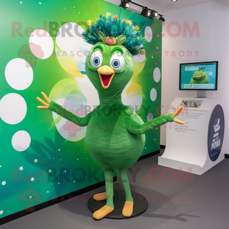 Green Peacock mascot costume character dressed with a Leggings and Hairpins