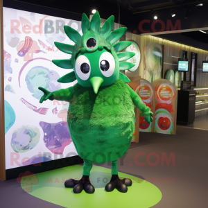 Green Peacock mascot costume character dressed with a Leggings and Hairpins