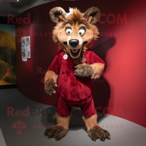 Maroon Hyena mascot costume character dressed with a Corduroy Pants and Shoe clips