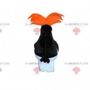 Czarno-biały pingwin maskotka z pomarańczowymi włosami -