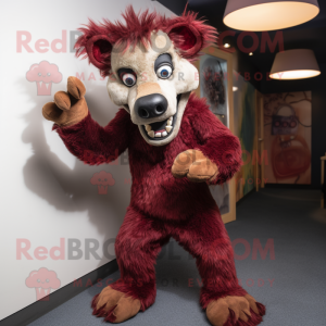 Maroon Hyena mascot costume character dressed with a Corduroy Pants and Shoe clips