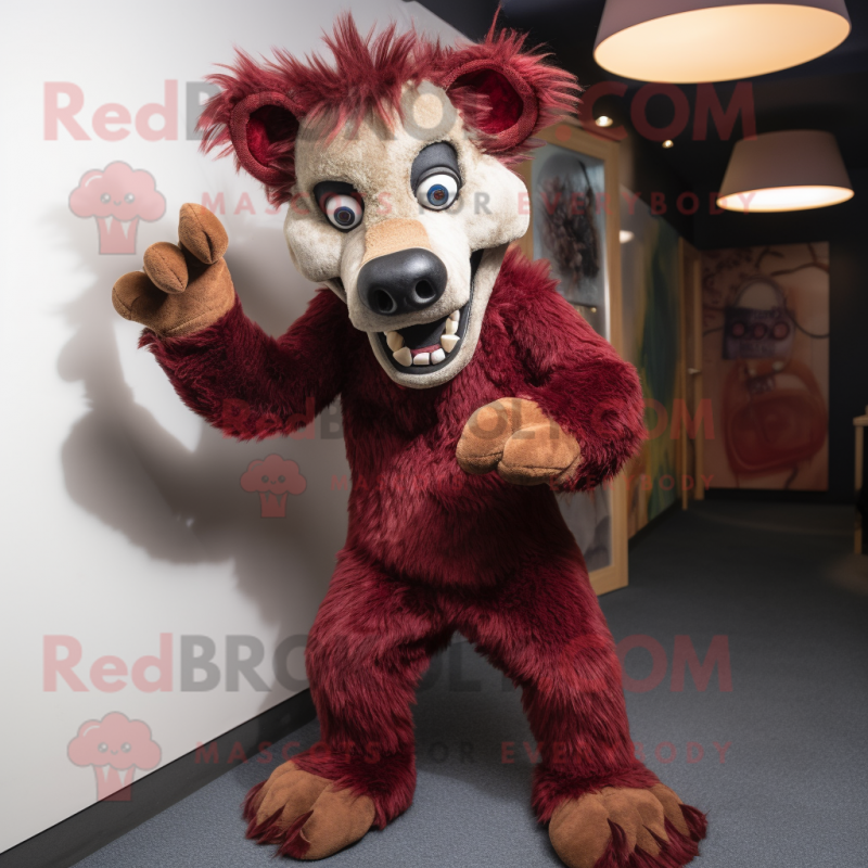Maroon Hyena mascot costume character dressed with a Corduroy Pants and Shoe clips Maroon Hyena mascot costume character dressed with a Corduroy Pants and Shoe clips