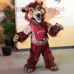 Maroon Hyena mascot costume character dressed with a Corduroy Pants and Shoe clips